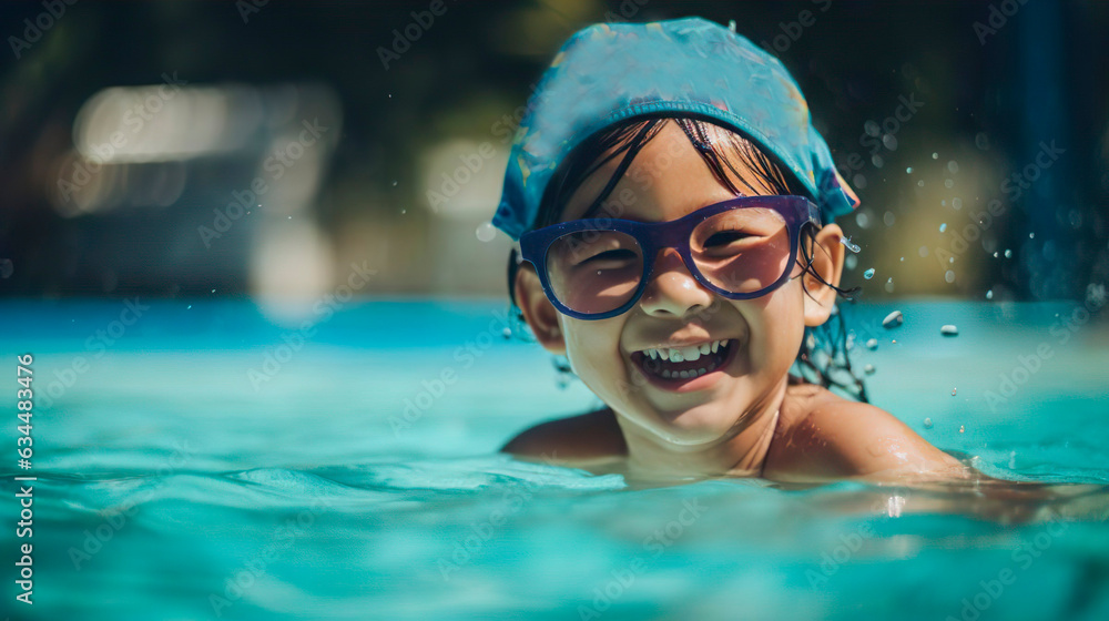 Smiling little girl kid having fun in swimming pool. Summer outdoor activity during family vacation holiday. Playing in blue water. 