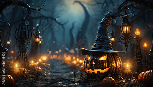 Fotografering calabaza de halloween negra, con cara y luz interior, sobre camino en bosque con