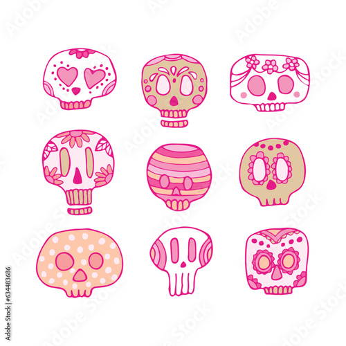 Sugar skulls decorated by design elements and colorful floral ornament. Mexican national holiday Day of the dead. Festive banner templates for Dia de los muertos. Vector illustration