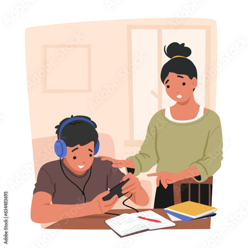 Teen Engrossed In Smartphone Ignore Mother, Exhibiting Gadget Addiction, Cartoon People Vector Illustration