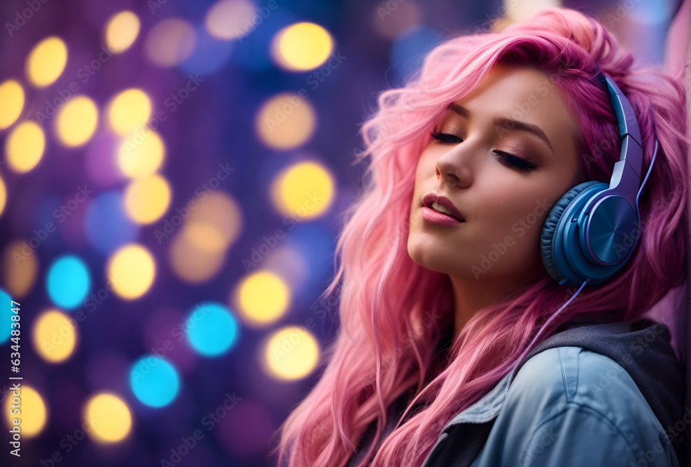 Beautiful caucasian girl with pink hair listening music on blue headphones, bokeh background, banner design, Ai generative content 