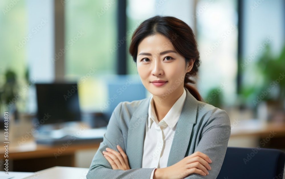 An Asian businesswoman sits at her office desk, wearing a smile. An Asian businesswoman sits at her office desk, wearing a smile.