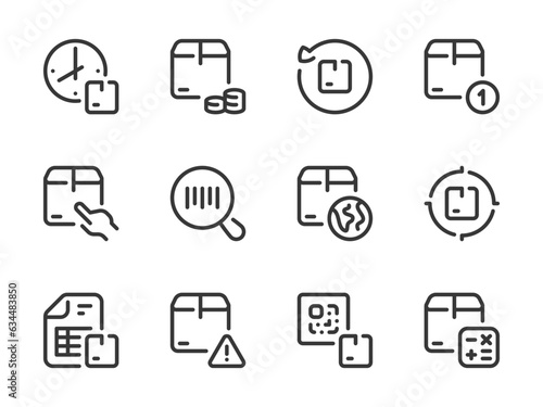 Shipping, Logistics and Delivery vector line icons. Deliver the Package and Order Transportation outline icon set. Time, Document, Return, Notification, QR Code, Calculation and more.