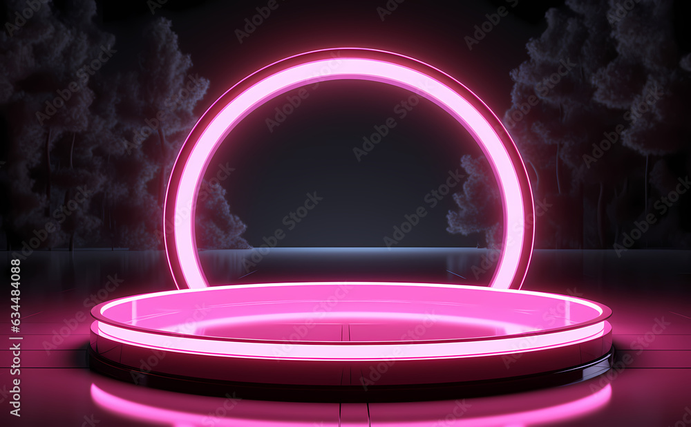 Modern showcase scene illuminated, platform for product presentation, product advertising , neon lights, glowing, nature background - created with Generative AI technology Modern showcase scene illuminated, platform for product presentation, product advertising , neon lights, glowing, nature background - created with Generative AI technology