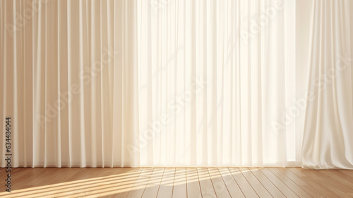 Three Layers of Cream Side Curtain, Beige Blackout Drapery, White Sheer Fabric Drape, Blank Gray Wall, Baseboard, Sunlight From Window on Floor. Interior Design Decoration Product, Space Background 3D © Asad
