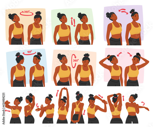 Woman Character Doing Neck And Shoulder Exercises, Including Neck Stretches, Shoulder Rolls, And Shrugs