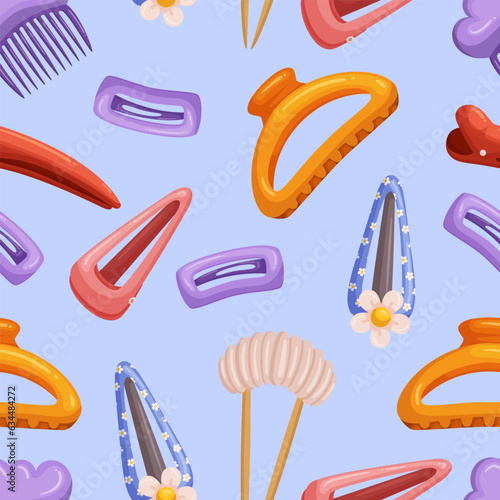 Seamless Pattern With Hair Clips In Various Shapes And Colors, Creating Trendy And Fashionable Design