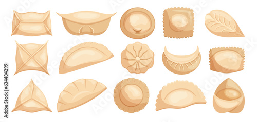 Set Of Dumplings, Small, Savory Parcels Of Dough Filled With Meat, Vegetables, Or Other Ingredients, Vector Illustration