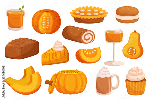 Delicious Pumpkin Dishes From Creamy Pumpkin Soup To Sweet Pie, Juice, Cocktail and Pastry, Seasonal Treats Set