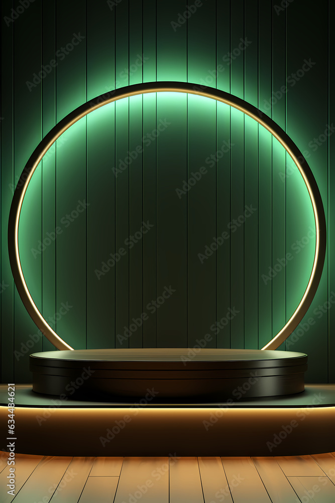 Modern showcase scene illuminated, platform for product presentation, neon lights, glowing, nature bg, nice color and stone backgrounds - created with Generative AI technology Modern showcase scene illuminated, platform for product presentation, neon lights, glowing, nature bg, nice color and stone backgrounds - created with Generative AI technology