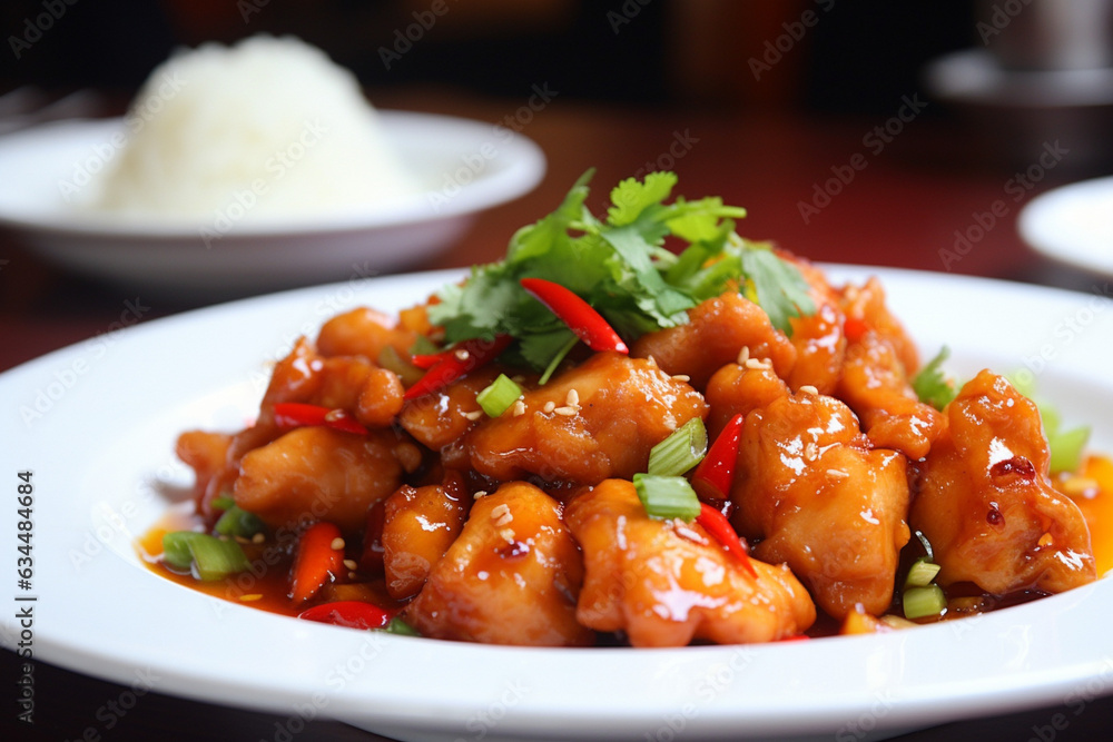 A plate of sweet chilli chicken generative AI A plate of sweet chilli chicken generative AI