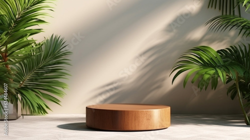 
Brown wooden rectangle pedestal side table tray podium, tropical dracaena tree in sunlight, leaf shadow on white cement wall. Luxury organic cosmetic, skincare, body care, beauty product