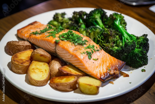 A plate of baked salmon with broccoli and potato generative AI