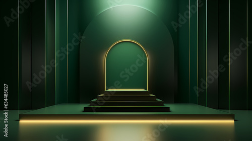 Modern showcase scene illuminated, platform for product presentation, neon lights, glowing, white, green, gray -  created with Generative AI technology