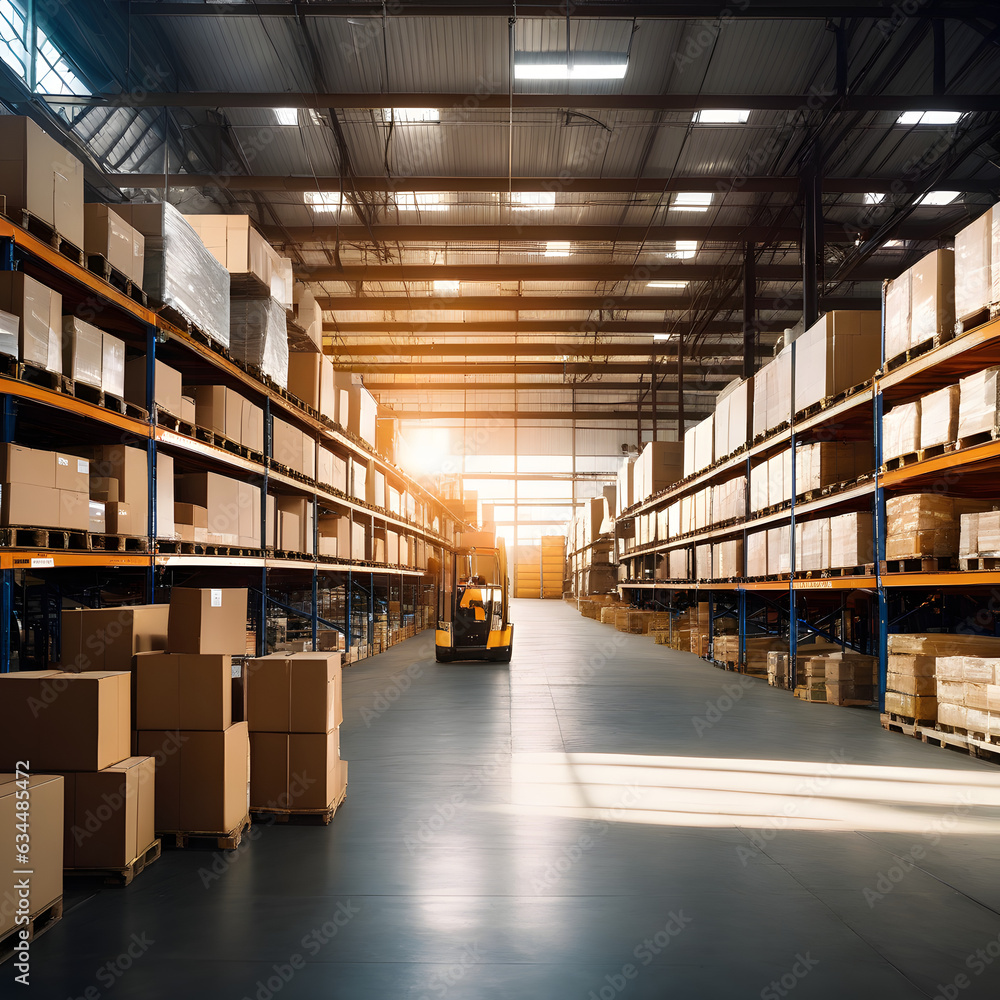Warehouse shelves with boxes