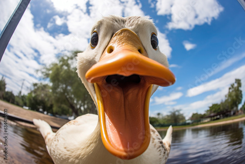 Wallpaper Mural selfie, wide angle duck portrait. funny duckling swims in the lake and smiles. birds in the wild. Torontodigital.ca