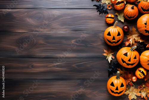 halloween pumpkin. frame, flatley and place for text. orange and black. scary and cute smile photo