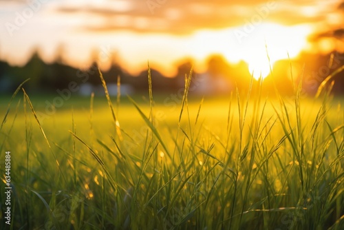 Green grass with defocused blur sunset background