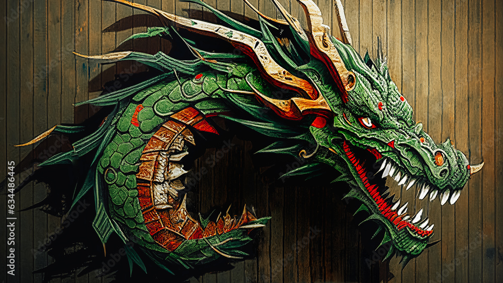 Wooden carved dragon, bas-relief. Painted in green