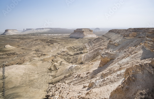 Panorama of hills and ridges with limestone and chalk slopes in the Kazakh steppe  relief folds in the desert tract of Boszhira
