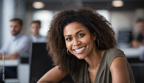 Beautiful happy woman sitting confidently in office and looking at camera