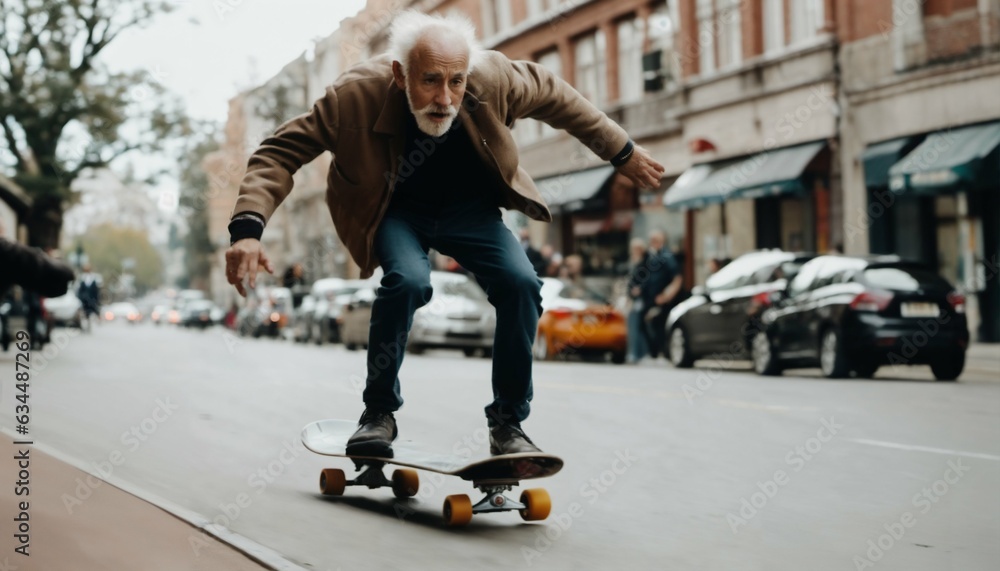 Very old man skateboarding fast in city streets