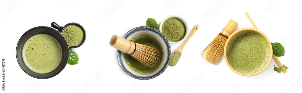 Collage with green matcha tea in bowls on white background, top view Collage with green matcha tea in bowls on white background, top view