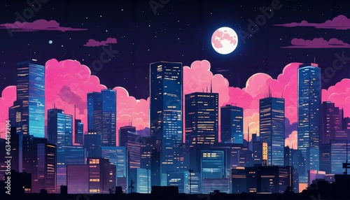 Anime style night cityscape with neon lights and a big moon in the sky, neo crisp and neon flat