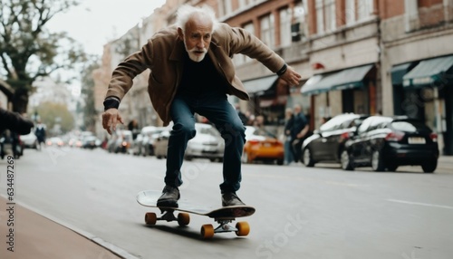 Very old man skateboarding fast in city streets