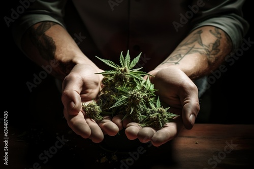 hands of a man against the background of weighing cones of cannabis marijuana weed | Generative AI