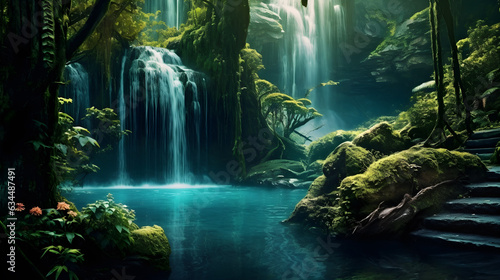 Waterfall in the middle of a jungle  fantasy landscapes - generative AI  AI generated