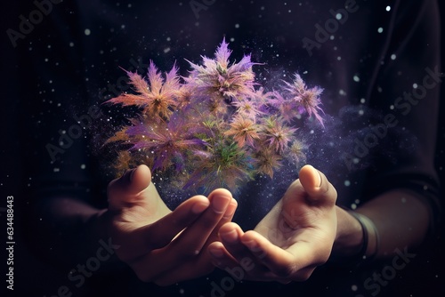 A large number of cannabis flowers in the hands of a man | Generative AI