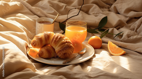 breakfast on bed with croissants, juice, oranges and cofee photo