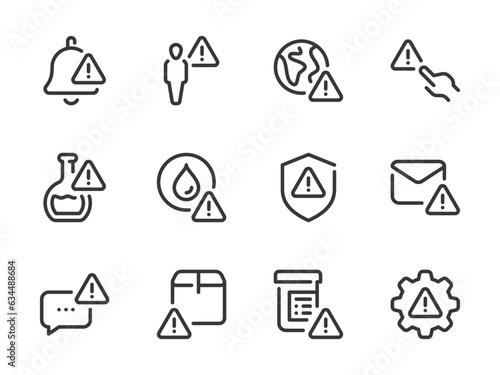 Warning and Alert Notification vector line icons. Error, Attention and Caution outline icon set. Medicines, Poison, Delivery Box, Mail, Settings, Bell and more.