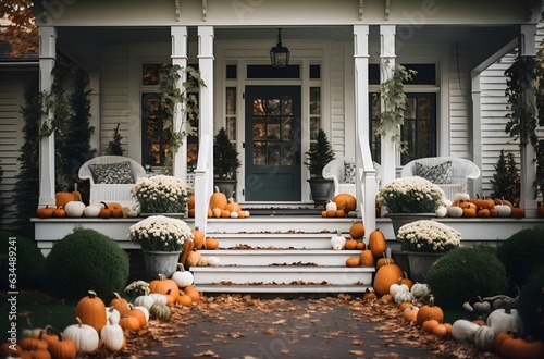 many pumpkins on the feet of a village house dwelling, cottagecore, the concept of autumn, thanksgiving, AI generated