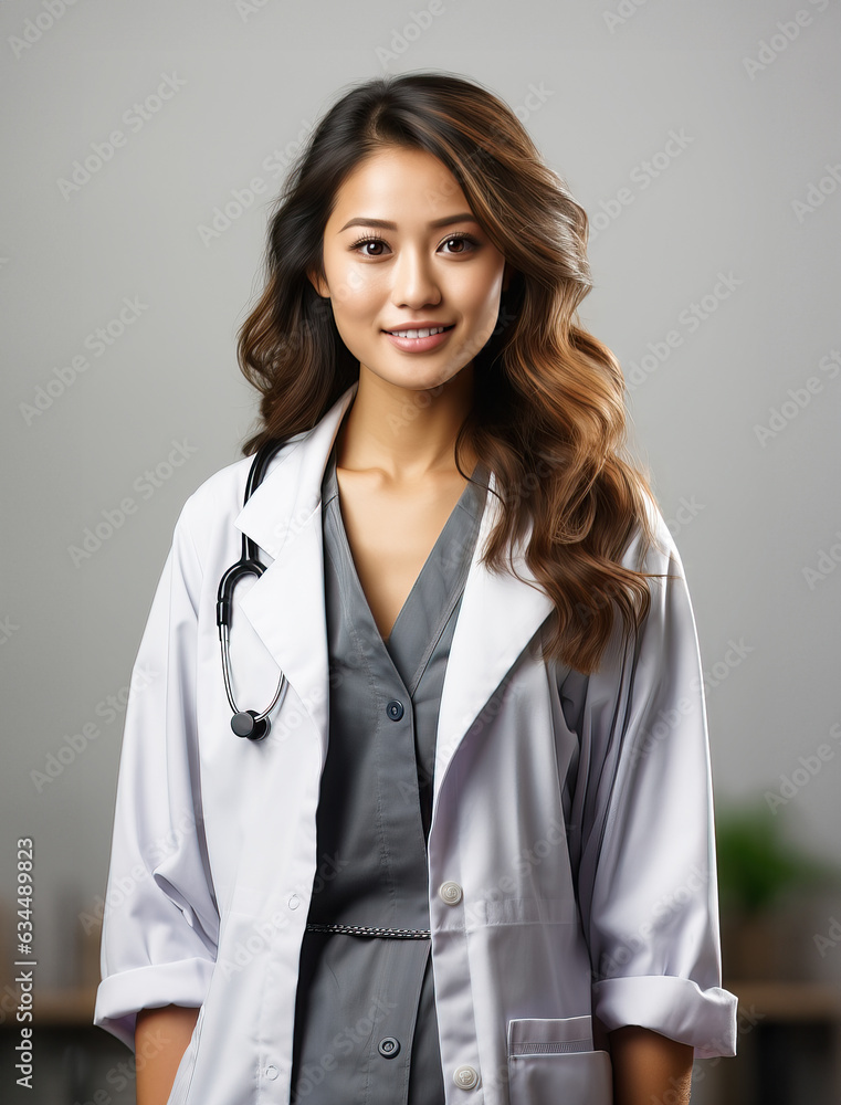 Beautiful smiling Asian medical doctor on a greybackground, Healthcare doctor service concept Beautiful smiling Asian medical doctor on a greybackground, Healthcare doctor service concept