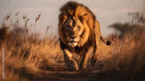 Lion Prowling in Savanna with Dynamic Sky | Captivating Wildlife Photo photo