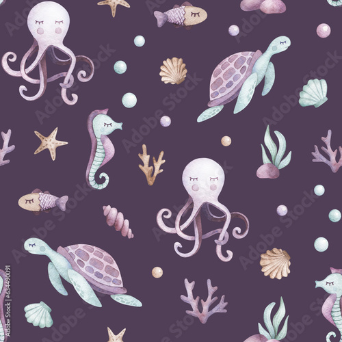 Watercolor kids seamless pattern. Watercolor jellyfish  sea-horse  coral illustrations. marine animals. For t-shirt print  wear design  baby shower  kids cards  linens  wallpaper  textile  fabric.