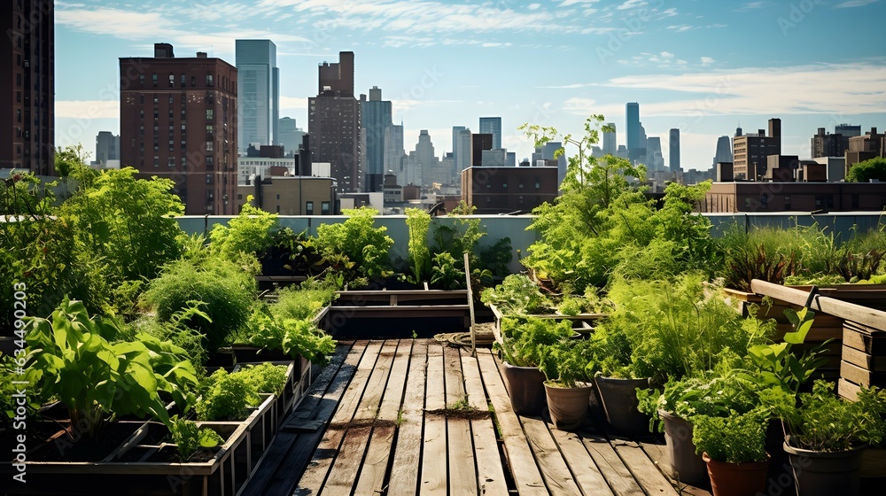 Fototapeta premium Rooftop Garden Bursting with Greenery | Urban Rooftop Garden Photo, Urban Oasis