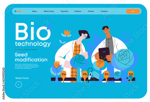 Bio Technology, Seed Modification -modern flat vector concept illustration of scientists analysing genetic modificated variants of a plant. Metaphor of direct impact of GMO on vegetation