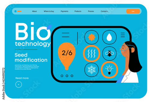 Bio Technology, Seed Modification -modern flat vector concept illustration of scientists choosing features for a seed, genetic modificated variants. Metaphor of direct impact of GMO on vegetation