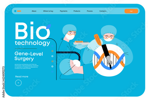 Bio Technology, Gene-Level Surgery -modern flat vector concept illustration of precise genetic modifications at the molecular leve. Metaphor of treating genetic disorders and enhancing human health
