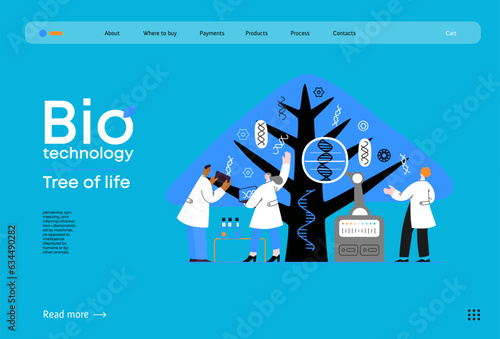 Bio Technology, Tree of life - modern flat vector concept illustration of scientists observing the tree, whose leaves represent various types of DNA. Metaphor of genetic research and diversity of life