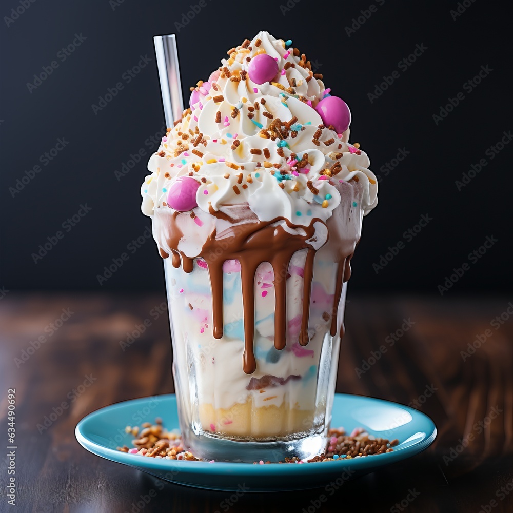 Φωτογραφία Barbie cocktail, milkshake on sundae, barbie style pink tint background, calorie and delicious sweet drink to take away
