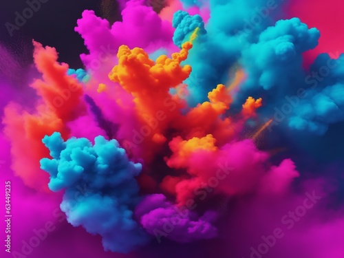 Clubs of multicolored neon smoke, ink. An explosion, a burst of holi paint. Abstract psychedelic pastel light background. 3D rendering