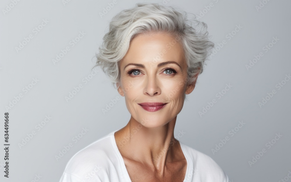 An up-close portrait revealing the charm and impeccable appearance of a mature woman against a plain and well-illuminated background.