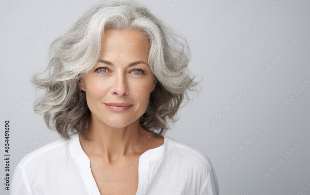 A detailed view presenting the elegance and flawless grooming of a senior lady on a simple, light-filled setting. A detailed view presenting the elegance and flawless grooming of a senior lady on a simple, light-filled setting.
