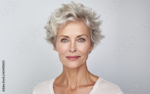 A close-in shot exhibiting the beauty and refined grooming of an older lady  set against a clean and brightly lit backdrop.