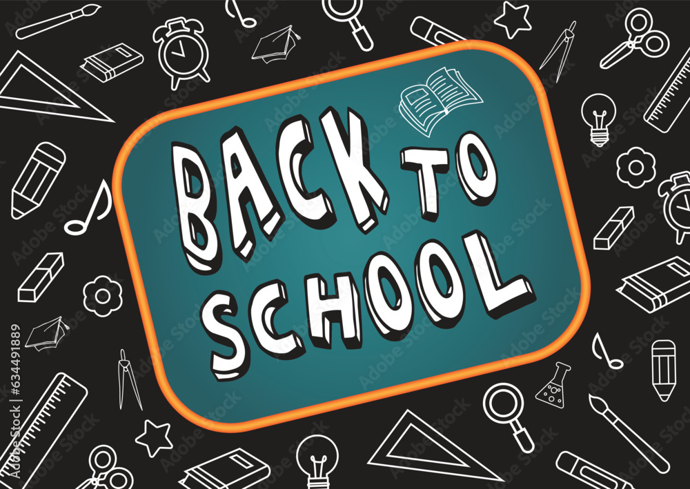 Back to school text in chalkboard element with educational elements. Back to school text in chalkboard element with educational elements.