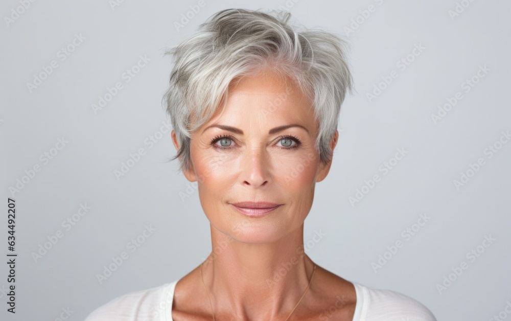 A close-in shot exhibiting the beauty and refined grooming of an older lady, set against a clean and brightly lit backdrop.